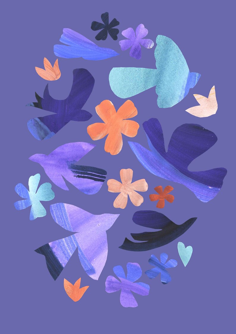 Vibrant birds and flowers collage art print, nature paper cut outs in Matisse style image 1