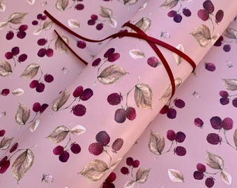 Raspberry luxury vintage botanical Christmas wrapping paper, pink berry fruit giftwrap sheets