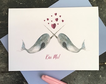Narwhal love card, unicorn of the sea valentines card