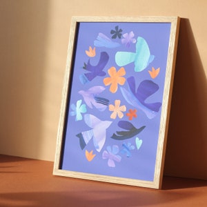 Vibrant birds and flowers collage art print, nature paper cut outs in Matisse style image 4