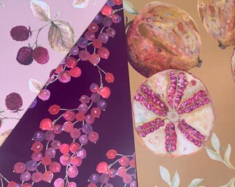 Set of fruity gift wrap sheets, pomegranate, currant and raspberry vintage botanical wrapping paper.