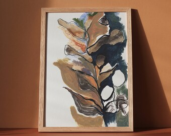 Indigo and Ochre wild botanical shoreline art, Hand drawn kelp forest