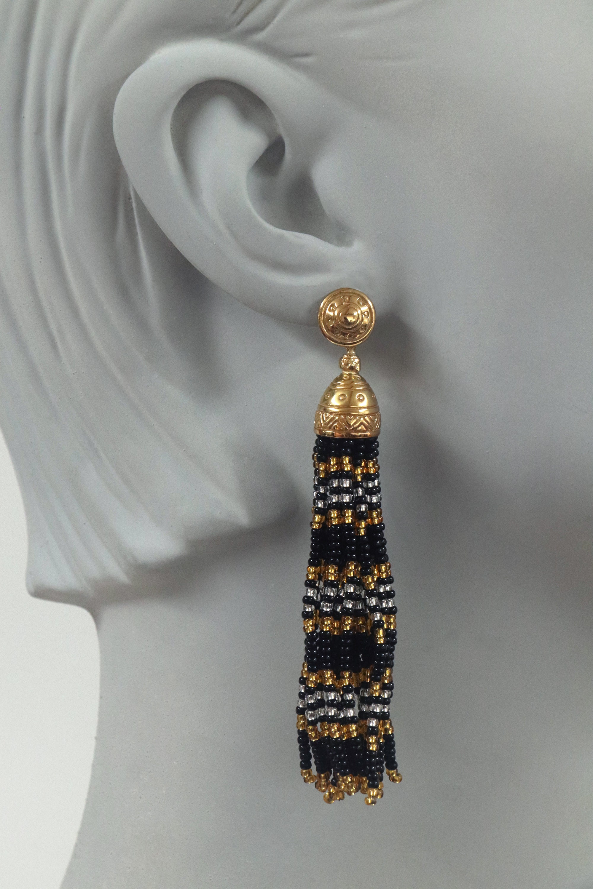 Black and Gold Beaded African Tassel Earrings Etsy UK