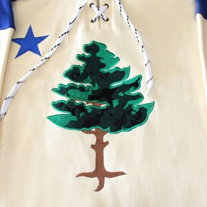 May include: A cream-colored hoodie with a green pine tree embroidered on the front. The hoodie has a blue and green striped band around the sleeves and a blue star on the left shoulder.