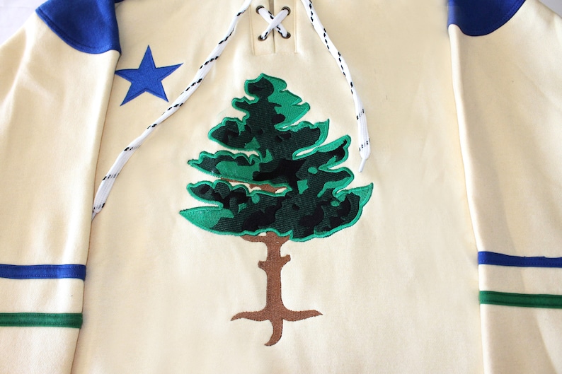 May include: A cream-colored hoodie with a green pine tree embroidered on the front. The hoodie has a blue and green striped band around the sleeves and a blue star on the left shoulder.