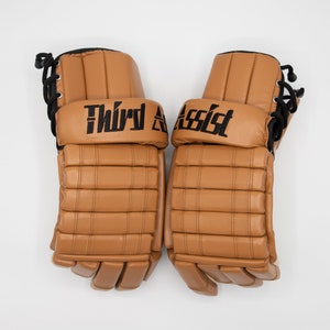 Vintage construction leather high-cuff hockey gloves. The Era: A throwback model. Unique gift for hockey players, coaches, teams, and more.