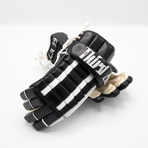 Vintage construction leather high-cuff hockey gloves. The King&#39;s Ransom Gloves. Unique gift for hockey players, coaches, teams, and more.