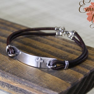 Men's Cross Bracelet, Sterling Silver Bar and Leather Cord, Optional Personalization, Rustic Finish