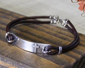 Men's Cross Bracelet, Sterling Silver Bar and Leather Cord, Optional Personalization, Rustic Finish