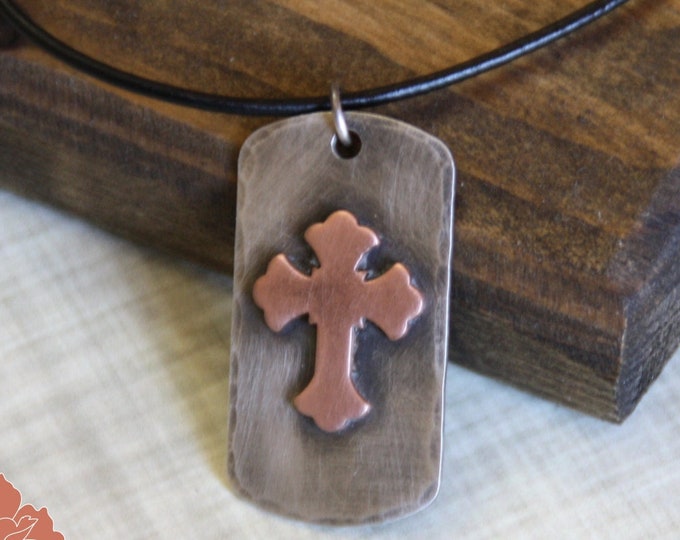 Cross Dog Tag Sterling Silver Necklace, Copper Cross Necklace, Leather Cord, Stamped, Personalized, Hidden Message