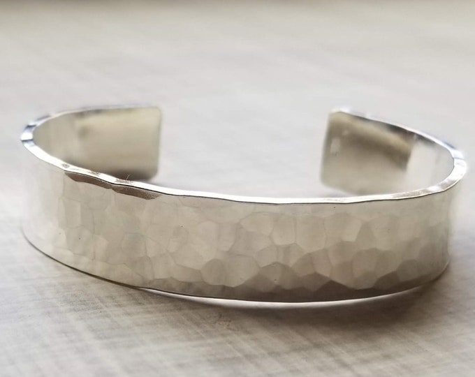 Thick Sterling Silver Cuff Bracelet 13mm, Hammered Cuff, Personalized Message, Hand Stamped Message Bangle