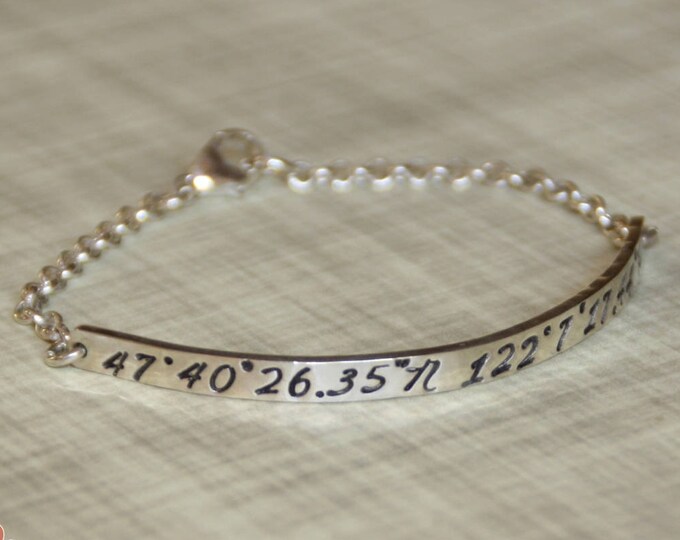 Sterling Silver Bar Bracelet, Hand Stamped Jewelry with Coordinates, Personalized Message