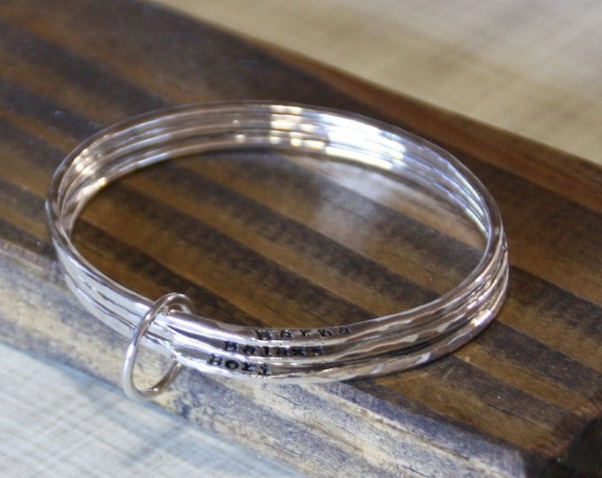 Mothers Names Bracelet, Sterling Silver Bangles with Connecting Ring, Grandma's Bracelet, Hand Stamped Names, Personalized
