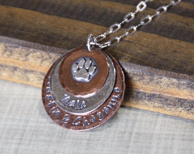 Pet Names Stacked Disk Necklace, Paw Print, Sterling Silver, Copper, Rustic Mixed Metals