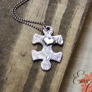 Silver Puzzle Piece Necklace,Autism Awareness, Fine Silver and Sterling Silver, Heart Necklace, Precious Metal Clay,