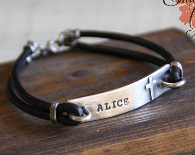 Personalized Leather Bracelet, Silver Cross Bracelet, Men's Sterling Silver Bar, Stamped Message