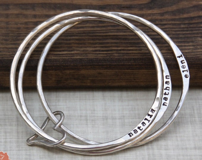 Mothers Names Bracelet, Sterling Silver Bangles, Silver Heart, Moms Gift, Grandma Gift, Hand Stamped, Personalized