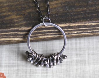Sterling Silver Hammered Ring Necklace, Silver Circle Necklace, Silver Fringe, Silver Chain, Circle Pendant - READY TO SHIP