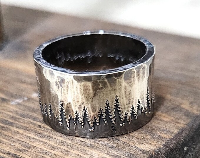 Sterling Silver Tree Ring, 13mm Hammered Thick Band, Engraved Forest, Hidden Message