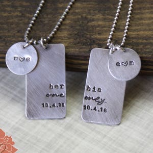 Her One, His Only Necklaces, Sterling Silver Couple's Dog Tag Necklace Set, Hand Stamped image 1