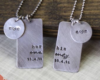 Her One, His Only Necklaces, Sterling Silver Couple's Dog Tag Necklace Set, Hand Stamped