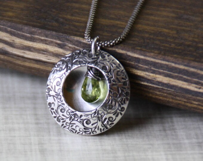 Sterling Silver Filigree Locket Necklace with Peekaboo Gemstone, Wedding Date and Names Necklace