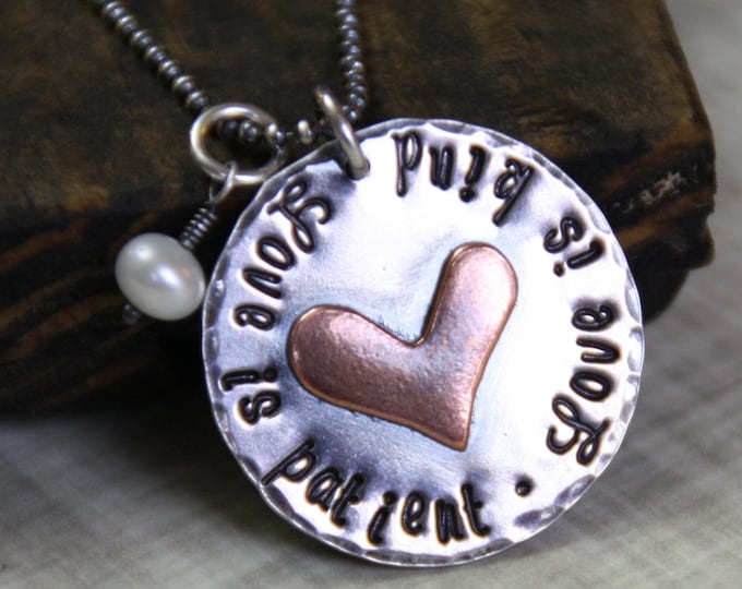 1 Corinthians Necklace, Sterling Silver Disk, Copper Heart, Love is Patient, Love is Kind, Heart Necklace, Hand Stamped