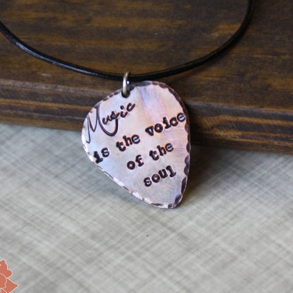 Copper Guitar Pick Necklace, Music Is The Voice of The Soul, Leather Cord - READY TO SHIP