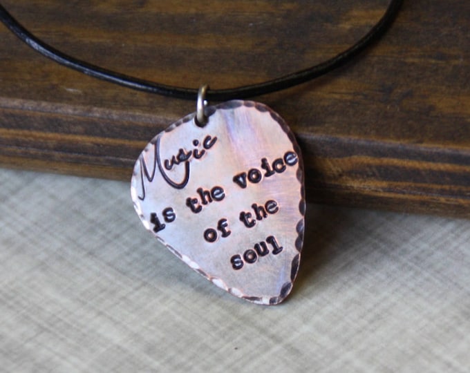 Copper Guitar Pick Necklace, Music Is The Voice of The Soul, Leather Cord - READY TO SHIP
