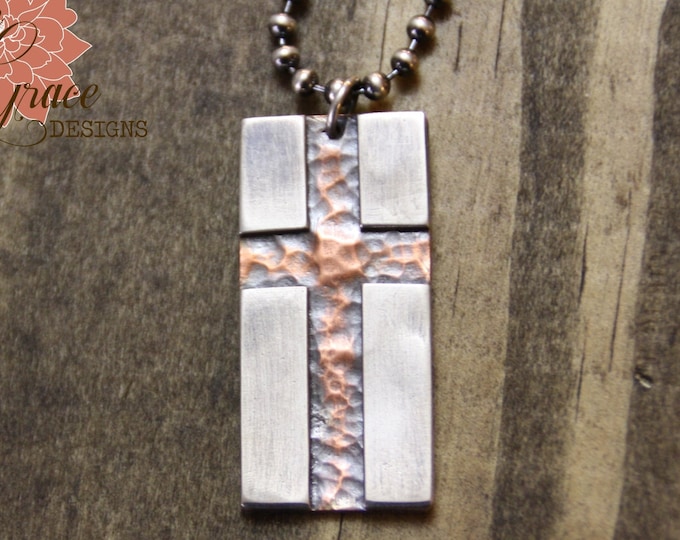 Cross Dog Tag Necklace, Sterling Silver and Copper, Rustic Cross Necklace, Oxidized Silver, Hammered Copper