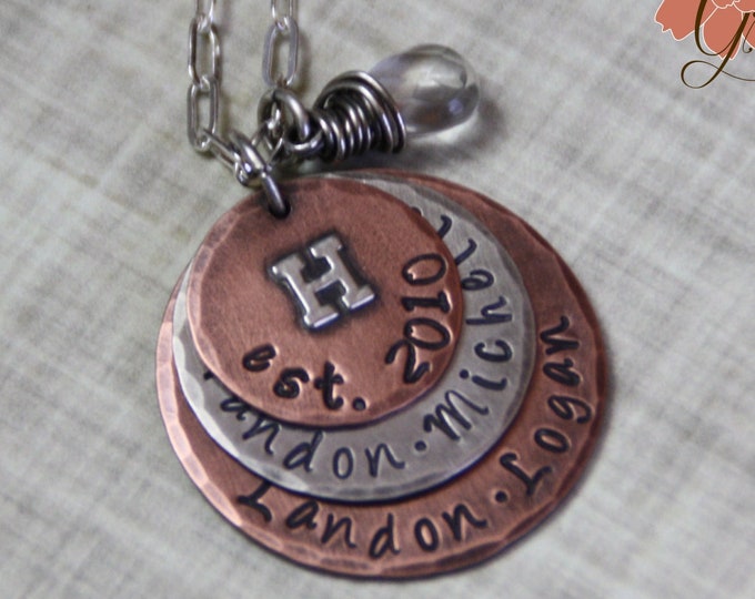 Mother's Names Necklace, Last Name Initial, Stacked Disk Sterling Silver, Copper & Clear Quartz, Rustic Mixed Metals