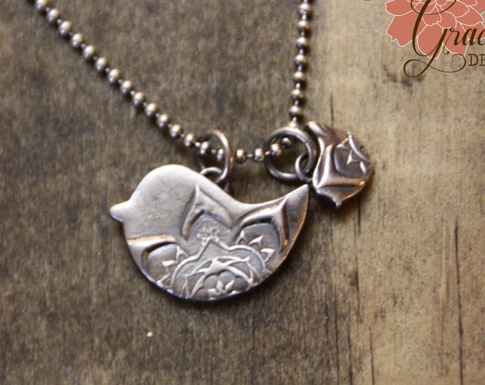 Mama Bird and Baby Bird Necklace, Sterling Silver and Fine Silver, Mom and Baby, Mom's Necklace