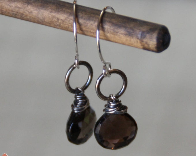 Smokey Quartz and Sterling Silver Ring Earrings, Gemstone Drop Earrings, Wire Wrapped, Brown Earrings - READY TO SHIP
