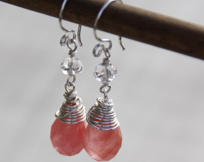 Cherry Quartz and Sterling Silver Earrings, Clear Quartz Gemstone Drop Earrings, Wire Wrapped Briolette, Pink - READY TO SHIP