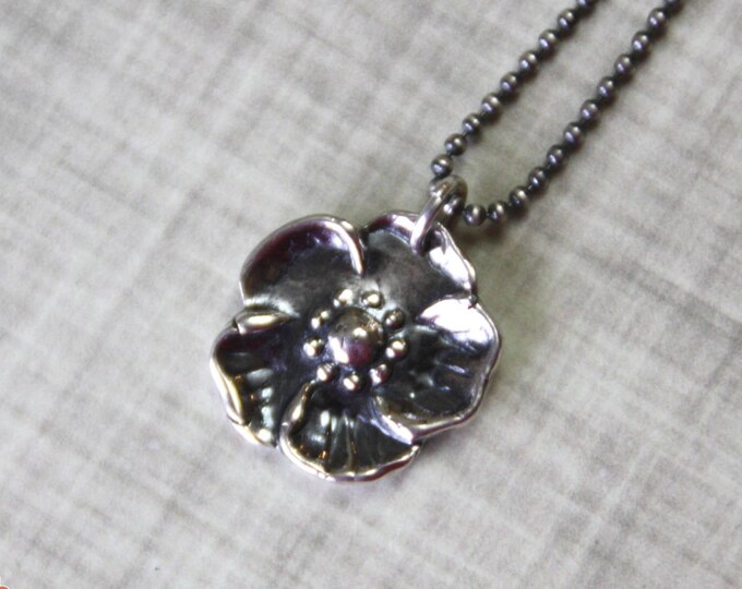 Silver Flower Necklace, Fine Silver and Sterling Silver, Precious Metal Clay, Five Petal Floral Pendant - READY TO SHIP