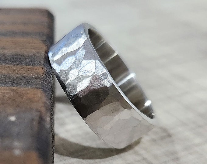 Sterling Silver Personalized 8mm Ring, Hammered Thick Band, Hidden Message, Engraved Ring