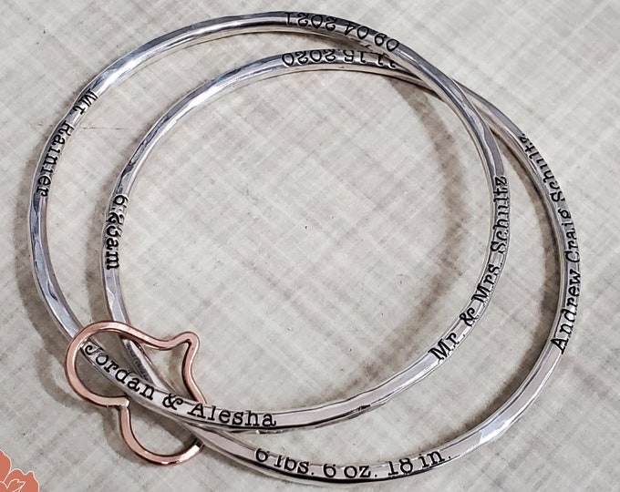Personalized Mother's Bracelet, Thick Sterling Silver Bangles, Rose Gold Fill Heart, Engraved Names, Birthdays, Wedding Date, Anniversary