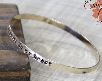 Personalized Yellow Gold Filled Bangle, 4mm 14/20 Gold Fill Hand Stamped Message Bracelet, Names, Custom Text