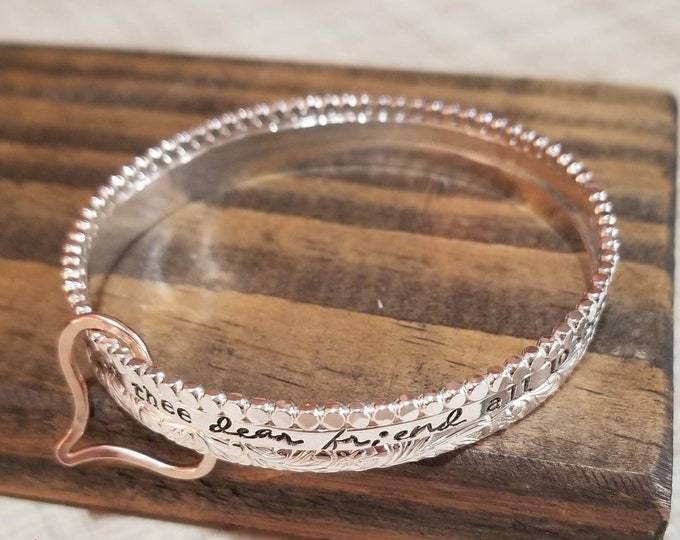 Sterling Silver Bracelet Set, Custom Message, Three Bangles with Rose Gold or Yellow Gold Heart, Hand Stamped