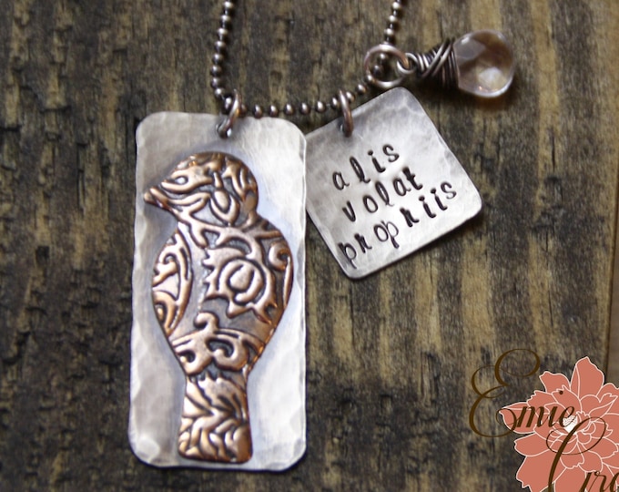 Bird Necklace, Sterling Silver and Copper, Alis Volate Propriis, Hand Stamped, She Flies With Her Own Wings