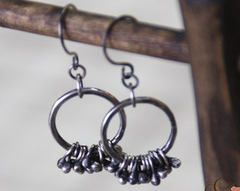 Sterling Silver Hammered Rings Earrings, Chandelier Earrings, Oxidized Silver Circle Earrings