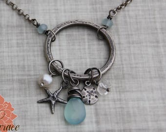 Silver Beach Necklace, Sterling Silver Ring with Sandollar and Starfish, Freshwater Pearl, Blue Chalcedony and Clear Quartz Gemstone