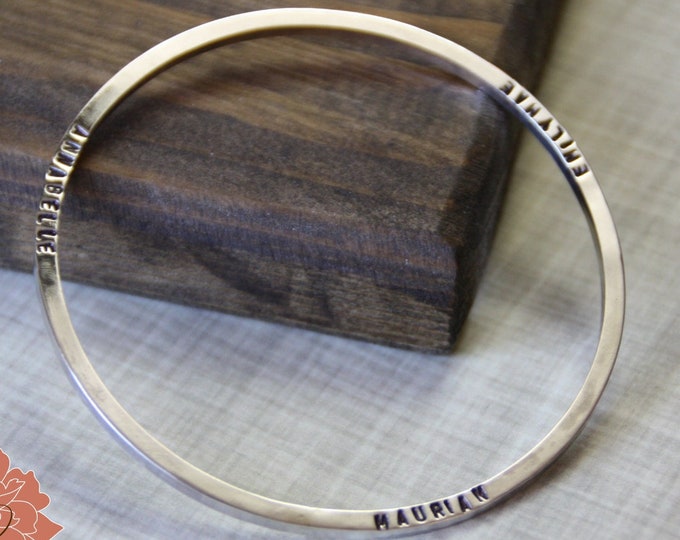 Sterling Silver Bangle, Stamped Names Bracelet, Square Bangle Bracelet, Hand Stamped, Personalized, Grandmas Bracelet, Mom's Bracelet