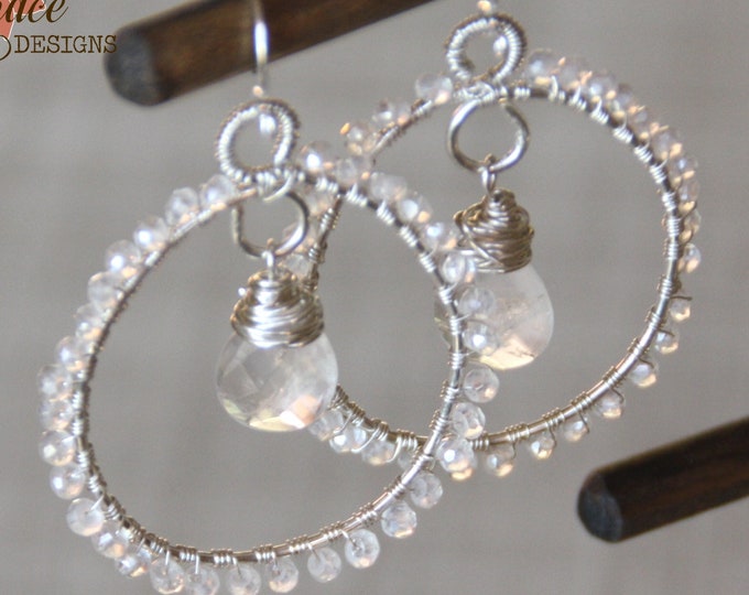 Clear Quartz and Pearl White Chalcedony Hoop Earrings, Sterling Silver Gemstone Bead Earrings, Wire Wrapped, Wedding Jewlery - READY TO SHIP