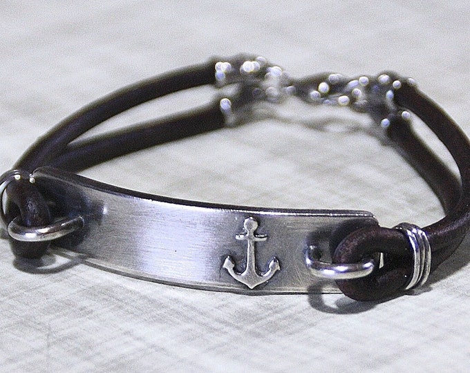 Silver Anchor Bracelet, Sterling Silver Bar with Leather Cord, Optional Personalization