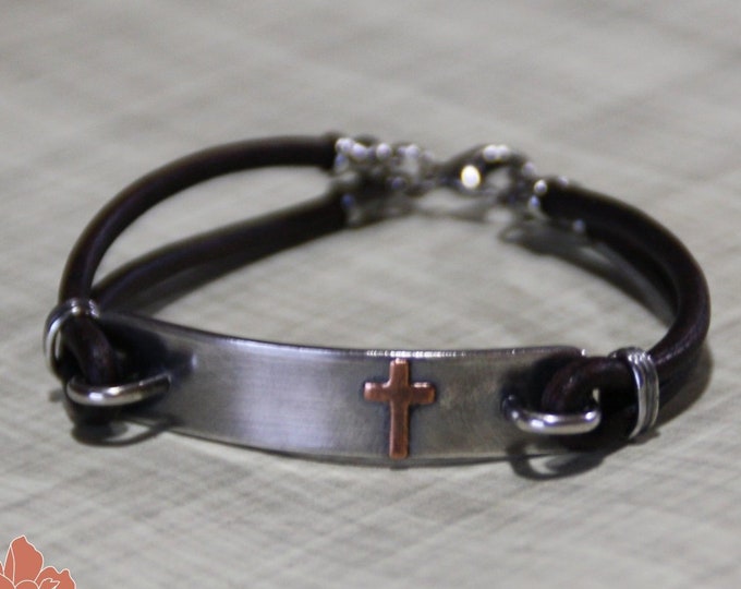 Copper Cross Bracelet, Sterling Silver Bar, Leather Cord, Rustic - READY TO SHIP
