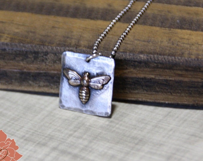 Brass Bee Necklace, Sterling Silver Square, Bumble Bee, Rustic Oxidized Necklace
