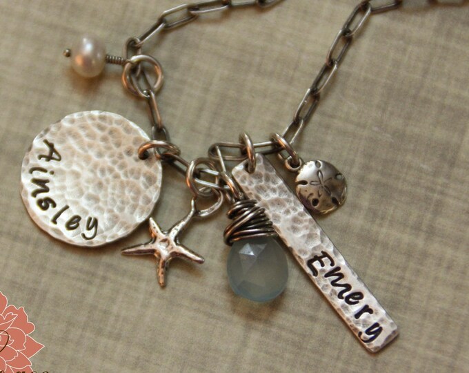 Mother's Name Necklace, Beach Theme, Sterling Silver, Freshwater Pearl and Blue Chalcedony Gemstone
