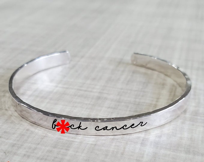 Sterling Silver F*ck Cancer Cuff Bracelet, 5mm Engraved Bangle, Hammered, Personalized Inside Message, Survivor Gift, Cancer Ribbons