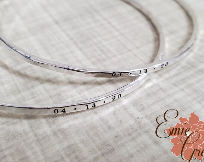Sterling Silver Engraved Date Bangle Bracelet, Individual Bangle, Hammered Skinny Stacking Bracelet